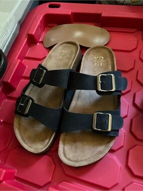 Yoki Black Double Buckle Slide Sandals with Tan Footbed